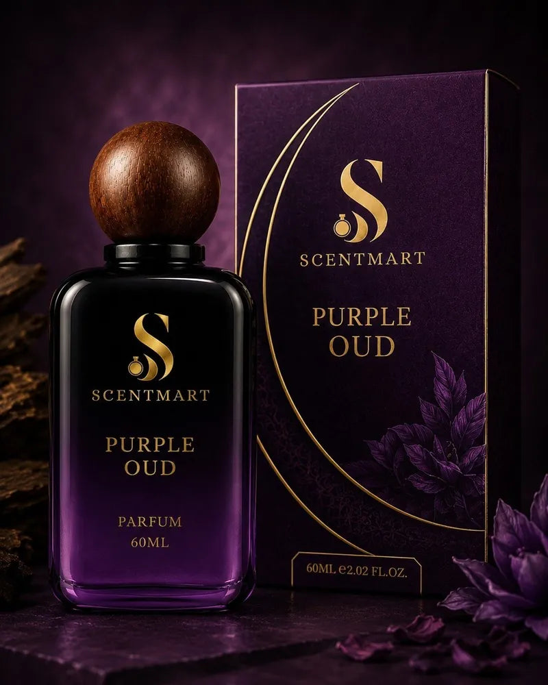 Purple Oud bottle with packaging